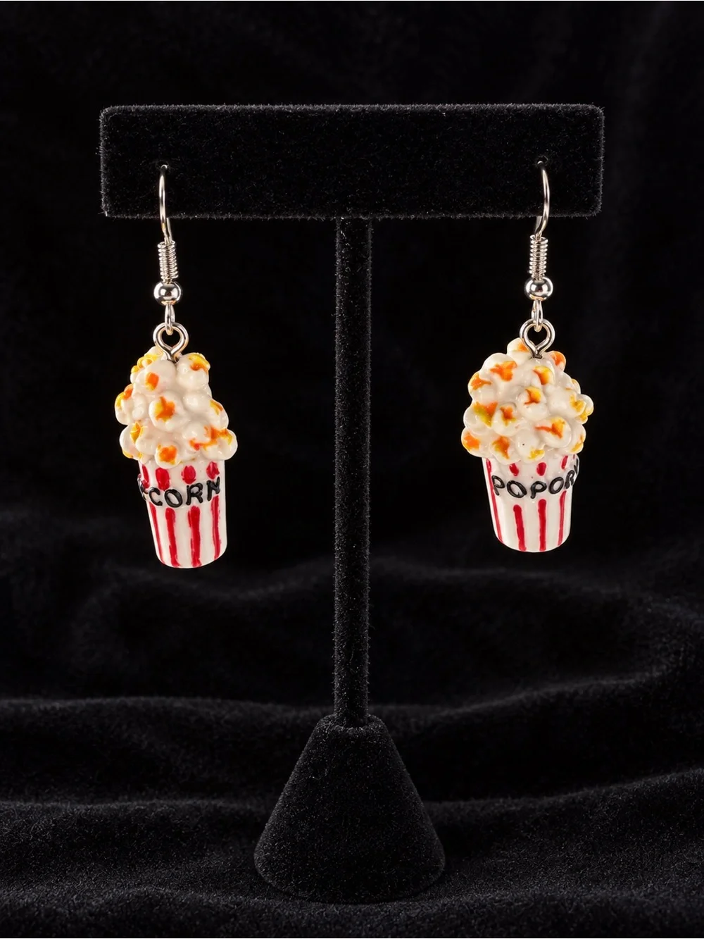 Fun Popcorn Bucket Dangle Earrings in White & Red